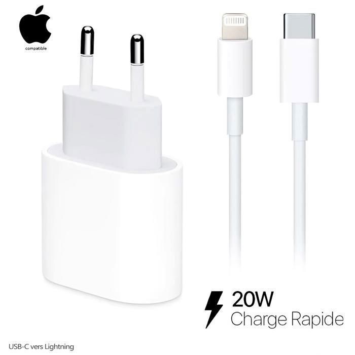 Chargeur 20W pour Apple iPhone + cable USB-C vers Lightning 1m TOYS&CO®