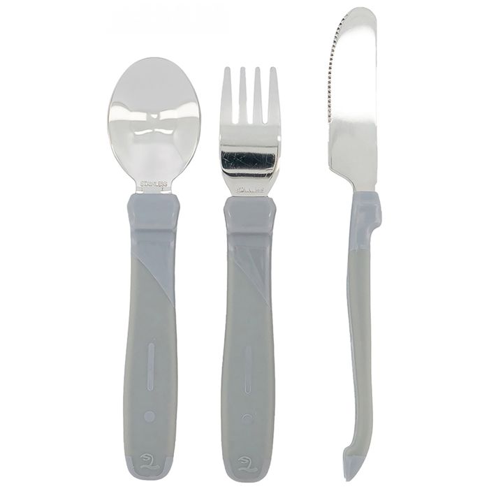 Twistshake Lot de couverts - Bébé - Acier inoxydable - Cuillère + Fourchette + Couteau - Couverts de sevrage sans BPA - 12m+ - Gris