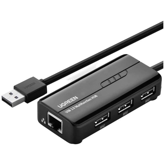 Hub USB 2.0 UGREEN avec adaptateur Ethernet RJ45 - Noir