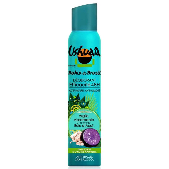 USHUAIA Déodorant Femme Bahia Do Brasil Argile Absorbante et Parfum Baie d'Açaï 48 H - 200 ml
