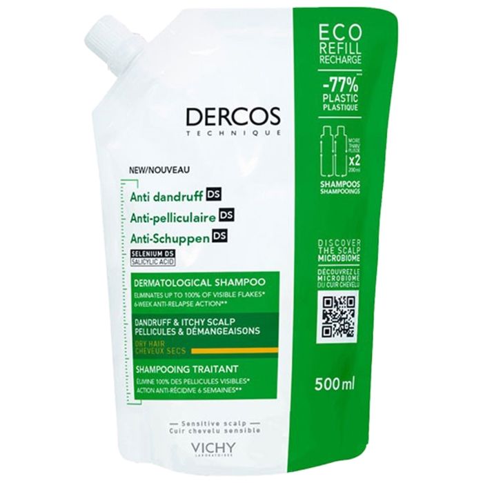 Vichy Dercos Shampoing Traitant Antipelliculaire Cheveux Secs Cuir Chevelu Sensible Éco-Recharge 500 ml