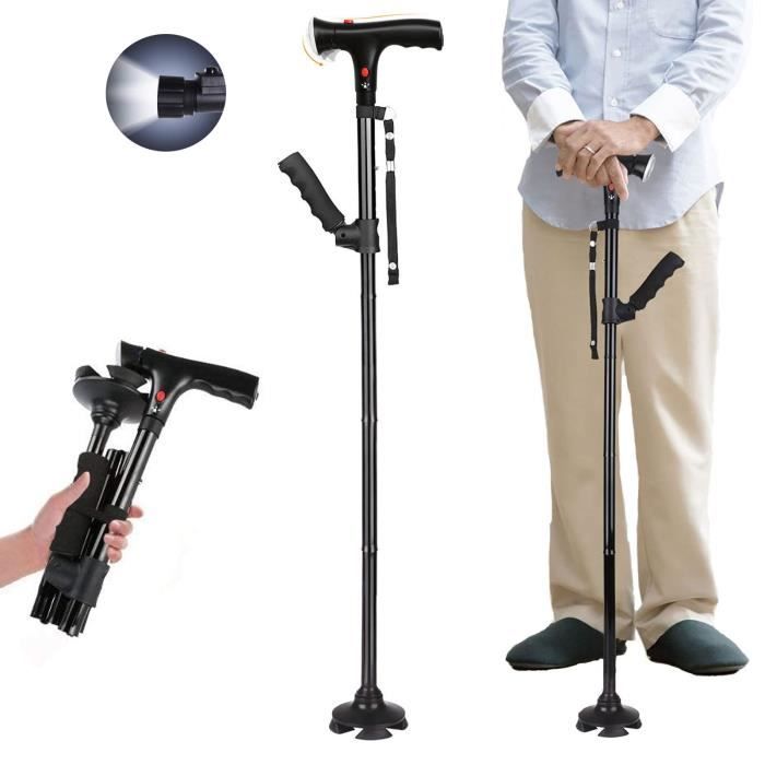 Canne de Marche Pliante avec Lumière LED-Bâton de Marche Pliable et Portable pour Personnes Âgées-Ajustables 5 Niveaux
