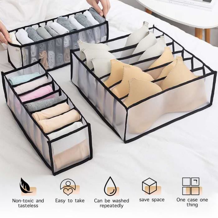 Lot de 3 Boîtes de Rangement Sous-vêtement Organisateur de Tiroir Diviseurs pour Soutien-Gorge Chaussettes Culotte - Noir