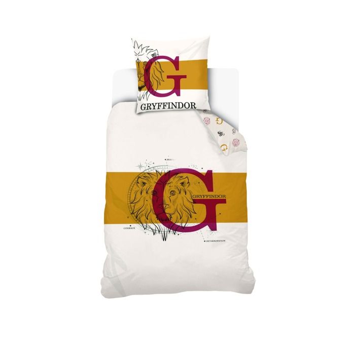 WARNER - Housse De Couette Harry Potter Gryffondor Lion 140 x 200 cm + 1 Taie D'Oreiller 63 x 63 cm - 100% Coton - Blanche/Or