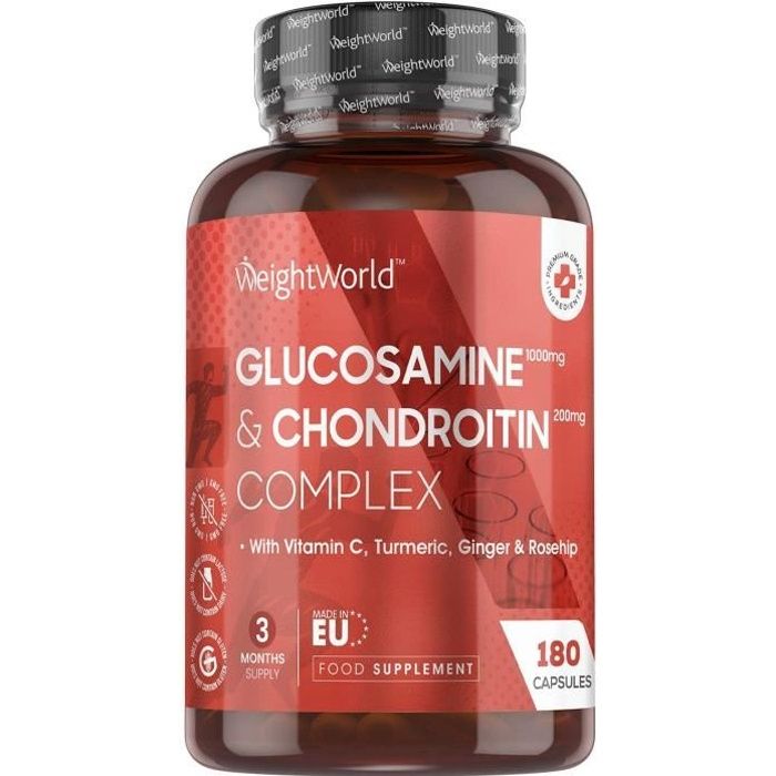 Glucosamine Chondroïtine Complex 1200 mg, 180 Gélules (3 mois)-Vitamine C, Curcuma, Gingembre et Églantier Femme Homme