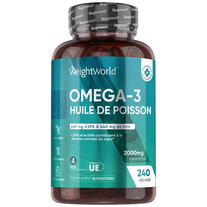 Huile de Poisson Oméga 3 Gélules 2000mg, 240 Gélules pour 4 Mois - Avec EPA 660mg & DHA 440mg