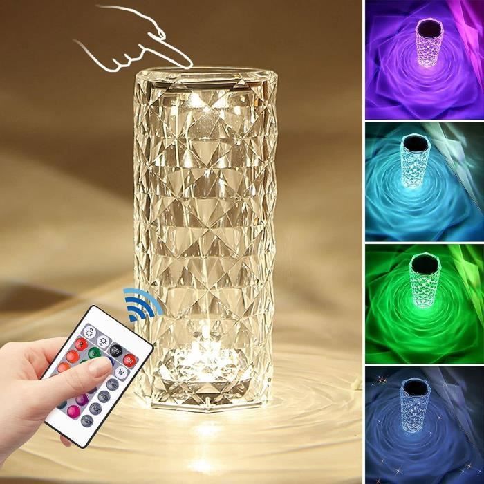 Lampe de table en cristal de diamant - WOVTE Lampe LED à commande tactile avec chargement USB (16 couleurs + télécommande)