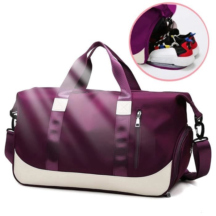 Sac de Sport Grande Capacité avec Compartiment Chaussure Poche Humide et Manchon pour Chariot - Violet foncé