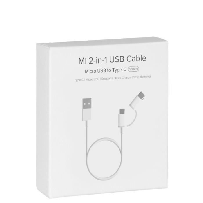 Xiaomi Mi 2-in1 USB Cable - Câble Combo Micro USB & Type C - 1m - Recharge rapide - Blanc (Blister)