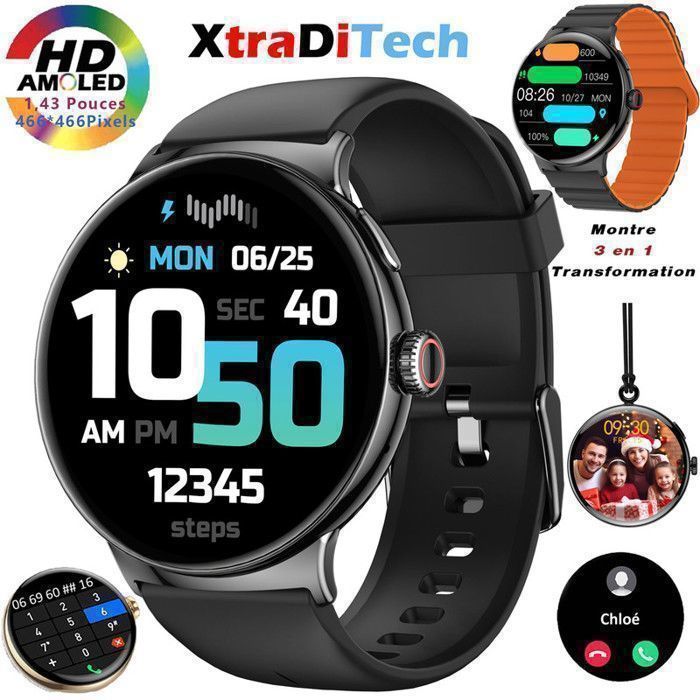 Montre Connectée avec Appel Bluetooth Écran AMOLED, Couronne Rotative Codée, Lentille Fresnel au Dos pour Mesure Santé PLUS Précise