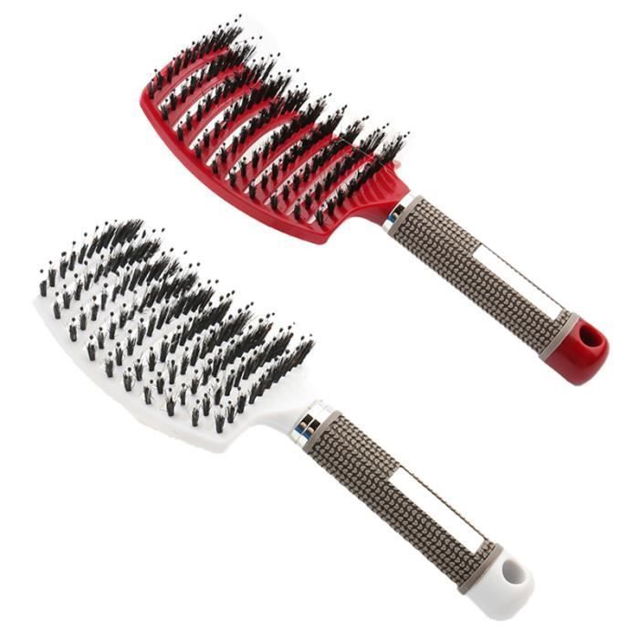 2 Pcs Brosse à poil de sanglier-Accessoires coiffure Meilleure pour démêlage de cheveux épais et démêlant-Rouge et Blanc