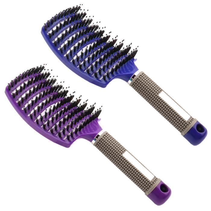 2 Pcs Brosse à poil de sanglier-Accessoires coiffure Meilleure pour démêlage de cheveux épais et démêlant-Bleu et Violet