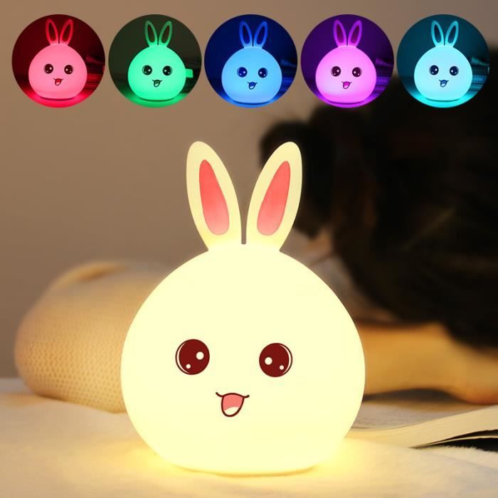 7 Couleur Veilleuse Lapin LED - Mignon Lapin Enfants Lumière Nuit Silicone LED Variable Couleur avec Pat Control (Rouge)