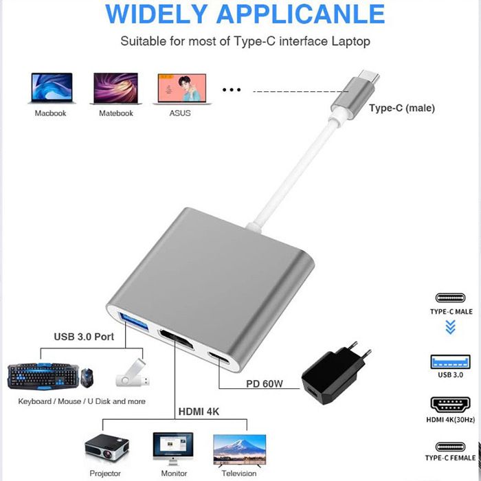 Yosoo – Adaptateur USB-C 3.1 Multiport avec HDMI, port de charge, boîtier aluminium – Gris - (162 × 60 × 11 mm)