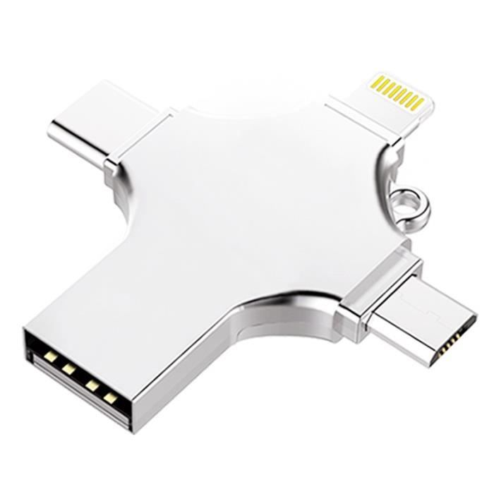 CLE USB,Argent-64 GO--Clé USB 3.0 OTG 4 en 1 Type C, support à mémoire de 16GB 32GB 64GB 128GB 256gb, lecteur Flash métallique, pour