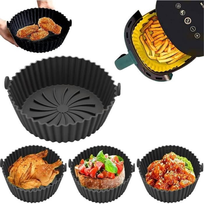 Pot en Silicone pour Friteuse à Air, Large Panier en Silicone Accessoires de Friteuse, Panier en Silicone Réutilisable, 20.5cm, Noir