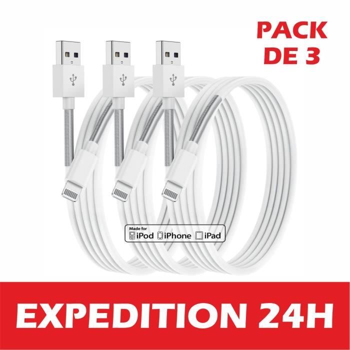 Lot de 3 Câble de Chargeur iPhone, MFi CERTIFIÉ, Fil Lightning Charge Rapide pour iPhone 13 12 11 Pro XS Max XR X 8 7 6S Plus / 8 7